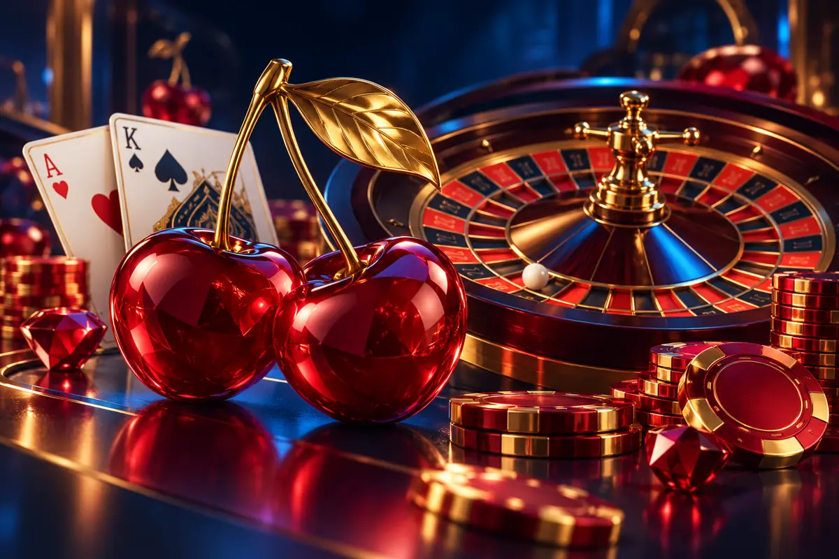 Colourful casino scene with a friendly robot, roulette wheel and playing cards — themed illustration